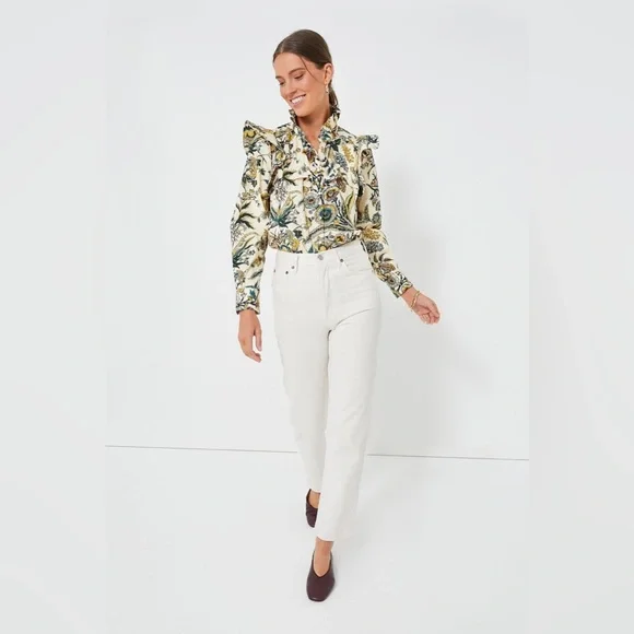 Tuckernuck Floral Ruffle Blouse - Cream and Green - Picture 2 of 16